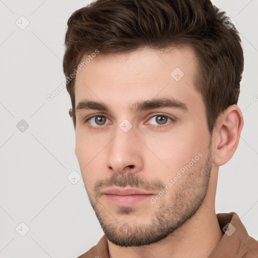 Neutral white young-adult male with short  brown hair and brown eyes