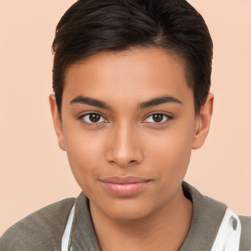 Neutral latino young-adult male with short  brown hair and brown eyes