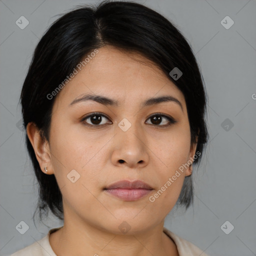 Neutral asian young-adult female with medium  brown hair and brown eyes