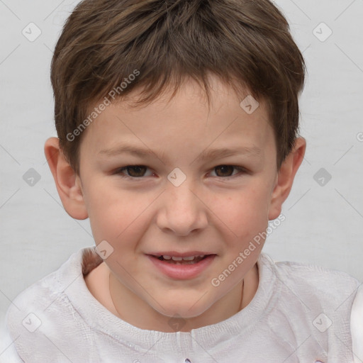 Joyful white child male with short  brown hair and brown eyes