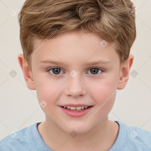 Joyful white child male with short  brown hair and brown eyes