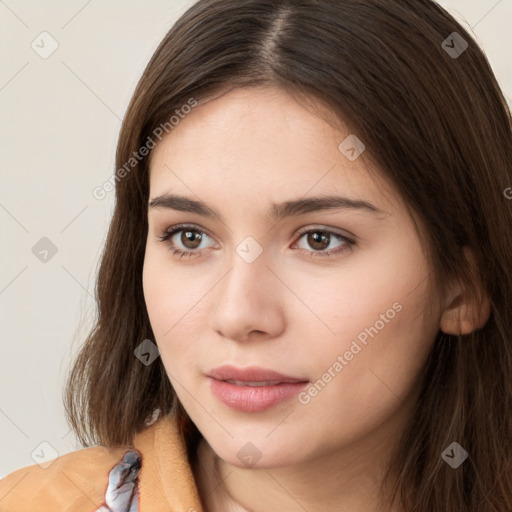 Neutral white young-adult female with long  brown hair and brown eyes