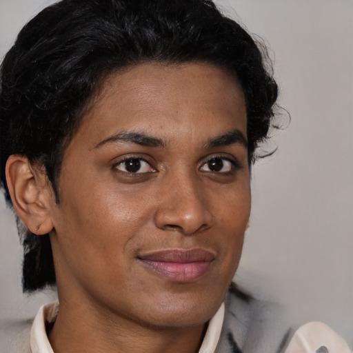 Joyful black young-adult female with short  brown hair and brown eyes