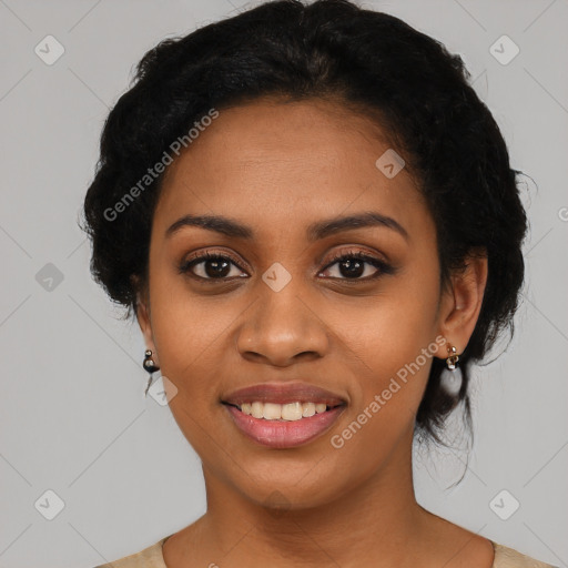 Joyful black young-adult female with medium  black hair and brown eyes