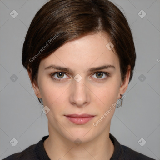 Neutral white young-adult female with medium  brown hair and grey eyes