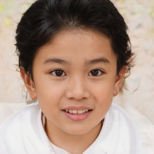 Joyful white child female with medium  brown hair and brown eyes