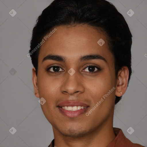 Joyful latino young-adult female with short  black hair and brown eyes