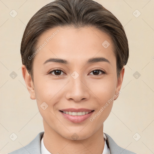 Joyful white young-adult female with short  brown hair and brown eyes