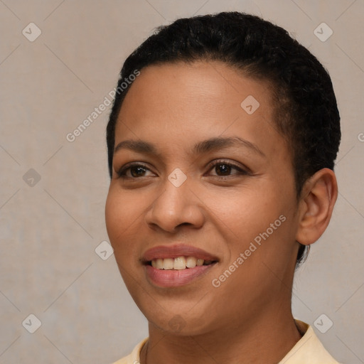 Joyful latino young-adult female with short  brown hair and brown eyes