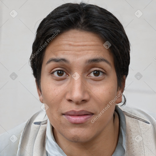 Joyful white adult female with short  brown hair and brown eyes