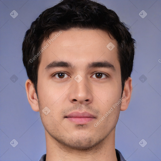 Neutral white young-adult male with short  black hair and brown eyes