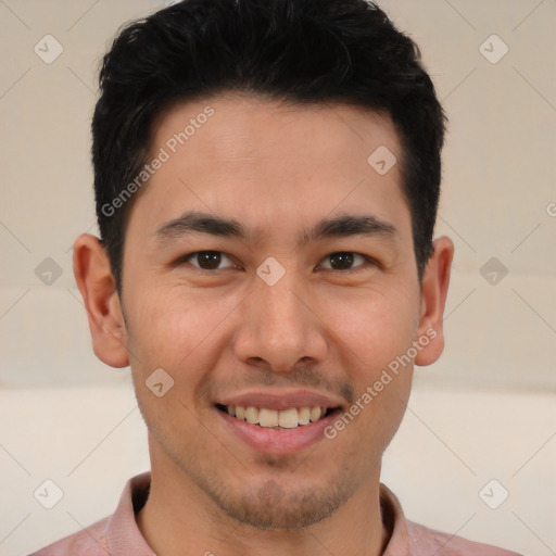 Joyful latino young-adult male with short  brown hair and brown eyes