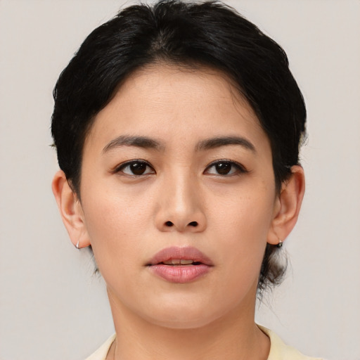 Neutral asian young-adult female with medium  black hair and brown eyes