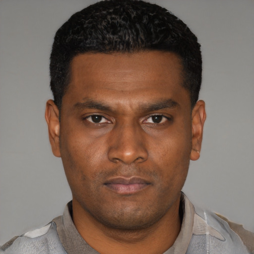 Neutral black young-adult male with short  black hair and brown eyes