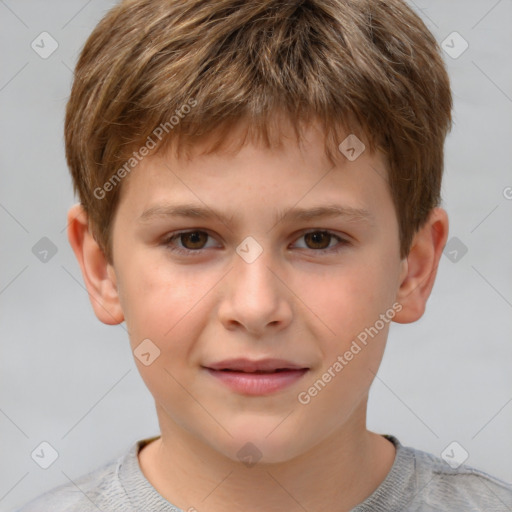 Joyful white child male with short  brown hair and brown eyes