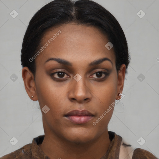 Neutral black young-adult female with short  black hair and brown eyes