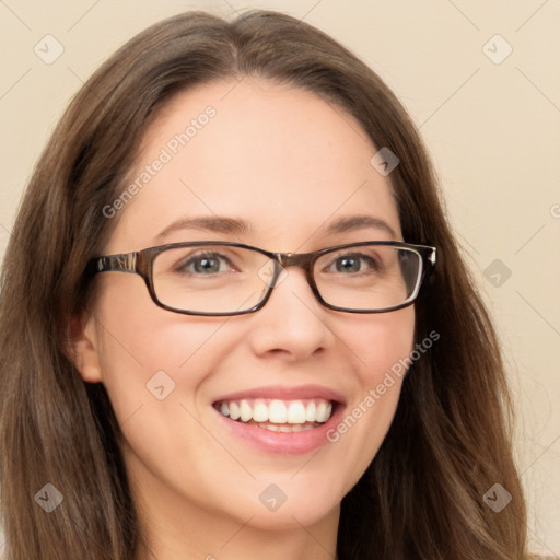 Joyful white young-adult female with long  brown hair and green eyes