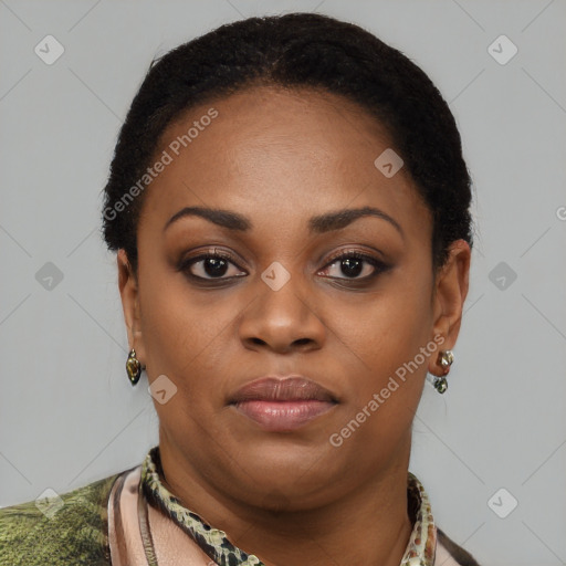 Neutral black young-adult female with short  black hair and brown eyes