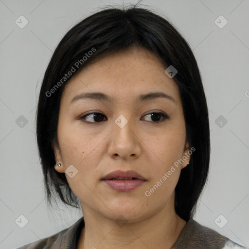 Neutral asian young-adult female with medium  black hair and brown eyes