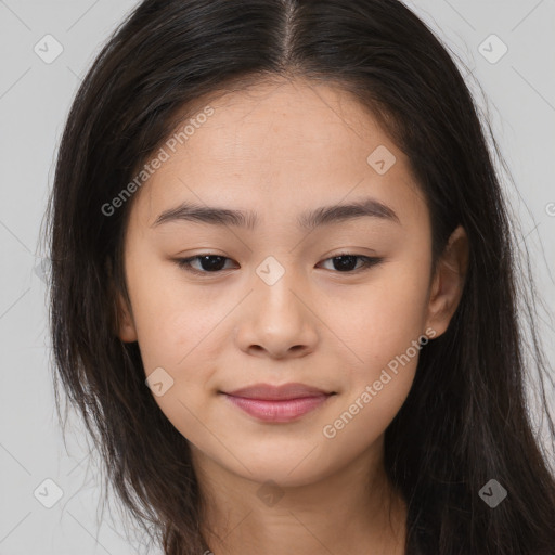 Joyful asian young-adult female with long  brown hair and brown eyes