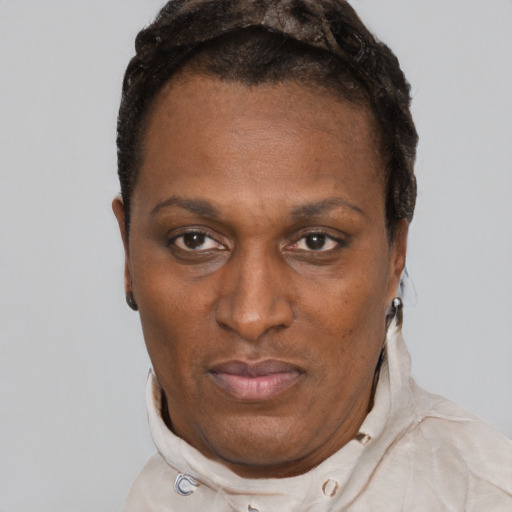 Neutral black adult female with short  black hair and brown eyes