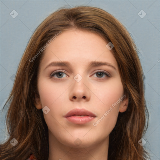 Neutral white young-adult female with long  brown hair and brown eyes