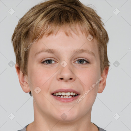 Joyful white child male with short  brown hair and grey eyes