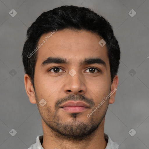 Neutral latino young-adult male with short  black hair and brown eyes