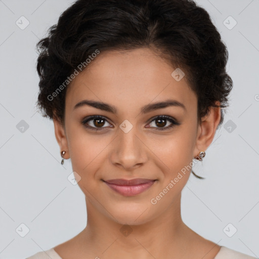 Joyful latino young-adult female with short  brown hair and brown eyes