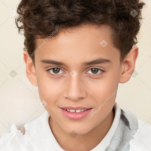 Joyful white child male with short  brown hair and brown eyes