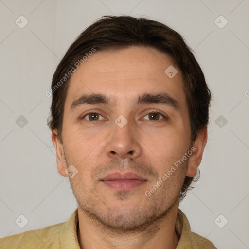 Neutral white adult male with short  brown hair and brown eyes