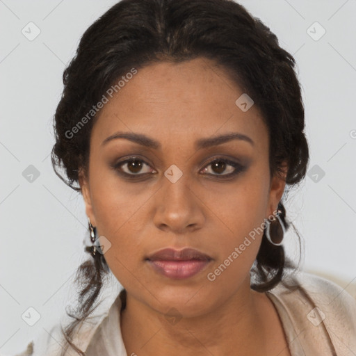 Neutral black young-adult female with medium  brown hair and brown eyes