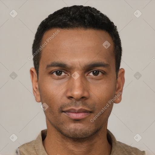 Neutral latino young-adult male with short  black hair and brown eyes