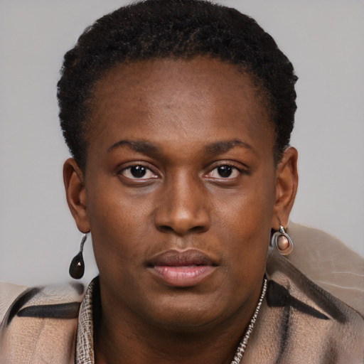 Neutral black young-adult female with short  brown hair and brown eyes