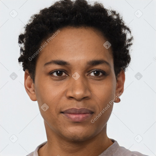 Joyful latino young-adult male with short  brown hair and brown eyes