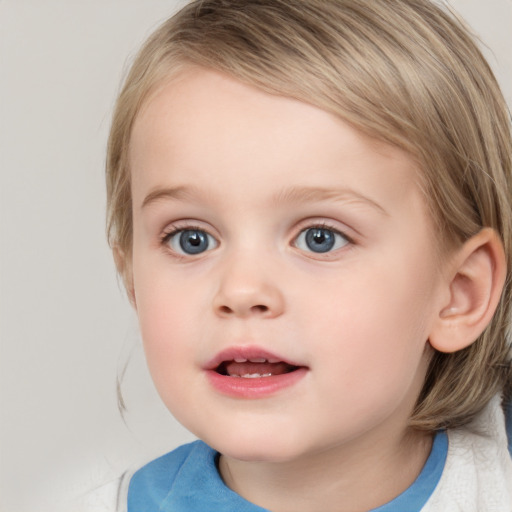 Joyful white child female with medium  brown hair and blue eyes