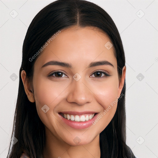 Joyful white young-adult female with long  black hair and brown eyes