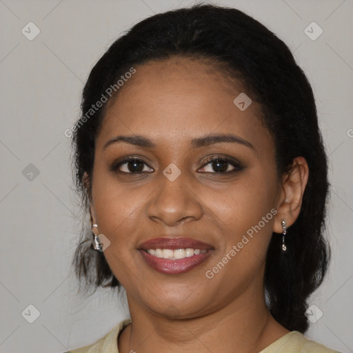 Joyful black young-adult female with medium  black hair and brown eyes