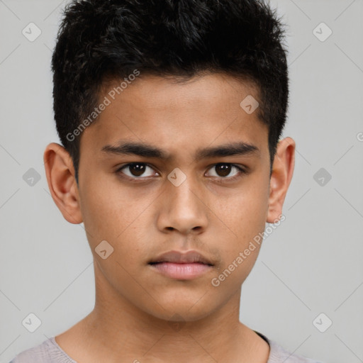 Neutral latino young-adult male with short  brown hair and brown eyes