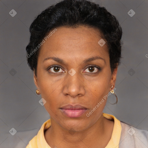 Neutral black young-adult female with short  brown hair and brown eyes