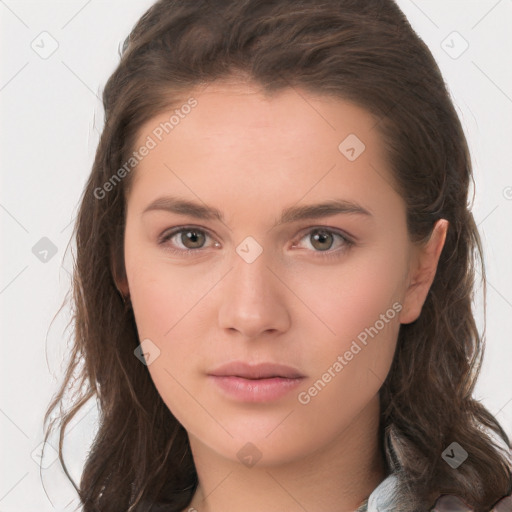 Neutral white young-adult female with long  brown hair and brown eyes