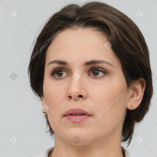 Neutral white young-adult female with medium  brown hair and brown eyes