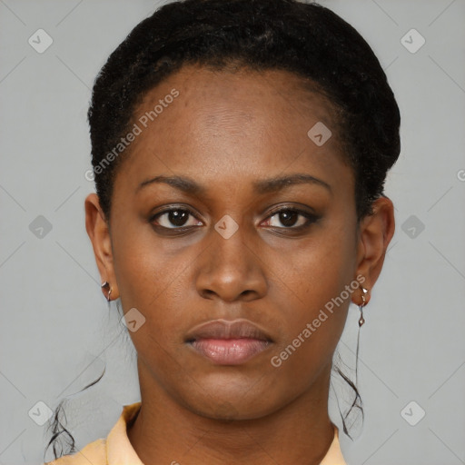 Neutral black young-adult female with short  black hair and brown eyes