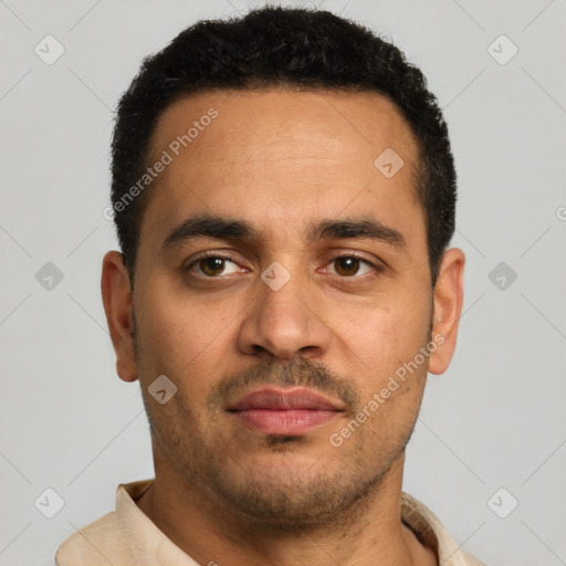 Neutral latino young-adult male with short  black hair and brown eyes