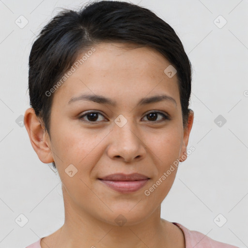 Joyful white young-adult female with short  brown hair and brown eyes