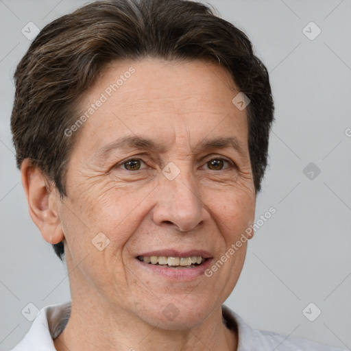 Joyful white middle-aged male with short  brown hair and brown eyes