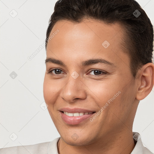 Joyful white young-adult female with short  brown hair and brown eyes