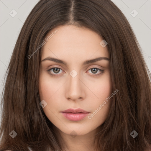 Neutral white young-adult female with long  brown hair and brown eyes