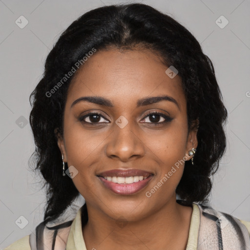 Joyful black young-adult female with medium  black hair and brown eyes