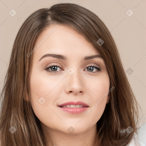 Neutral white young-adult female with long  brown hair and brown eyes